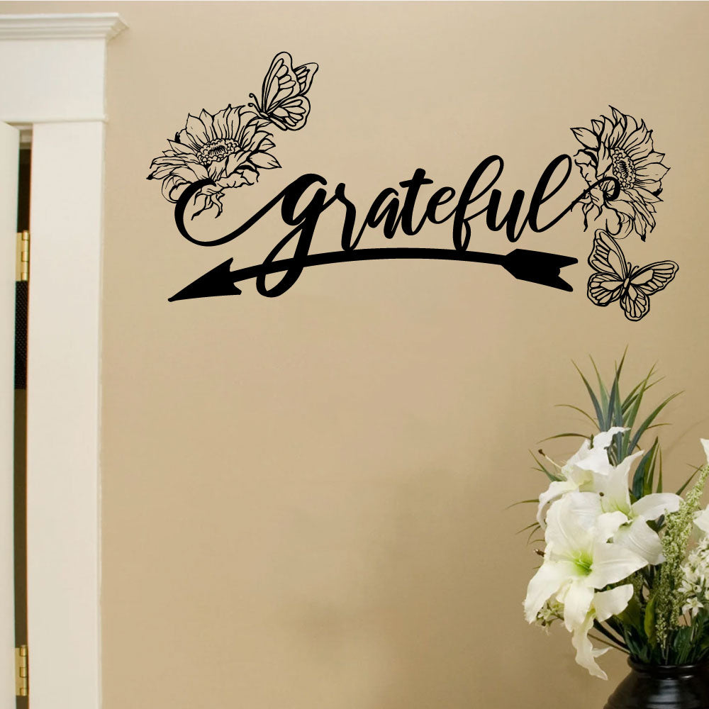 Grateful With Sunflowers and Butterflies Vinyl Home Decor Wall Decal Words 