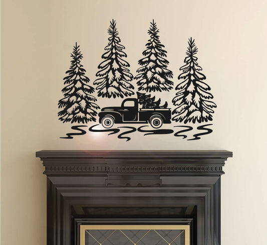 Pine Trees and Old Christmas Truck Vinyl Home decor Wall Decal 