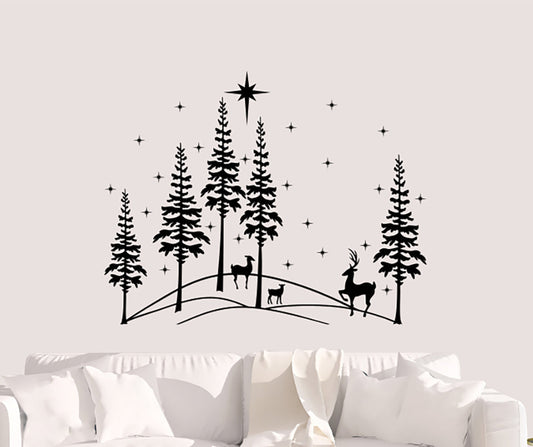 Pine Trees Forest Deer and Snowflakes Vinyl Home Decor Wall Decal