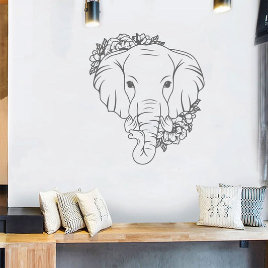 Elephant Head and Flowers Vinyl Wall Decal