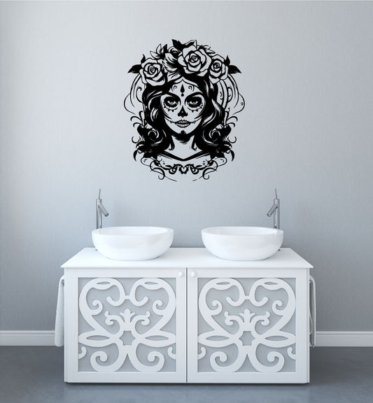 Sugar Skull Girl Roses Vinyl Wall Decal