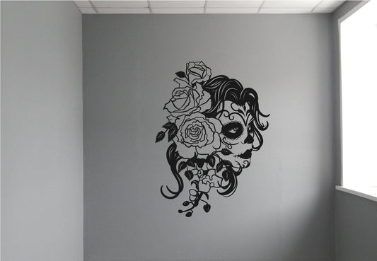 Sugar Skull Girl Roses Vinyl Die Cut Home Decor Wall Decal 