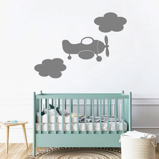 Airplane and Clouds Silhouette Nursery Vinyl Wall Decal