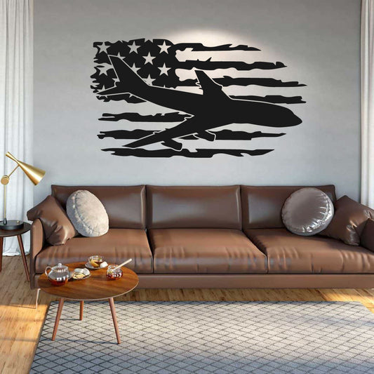 B-747 Airplane Silhouette with American Flag Vinyl Wall Decal