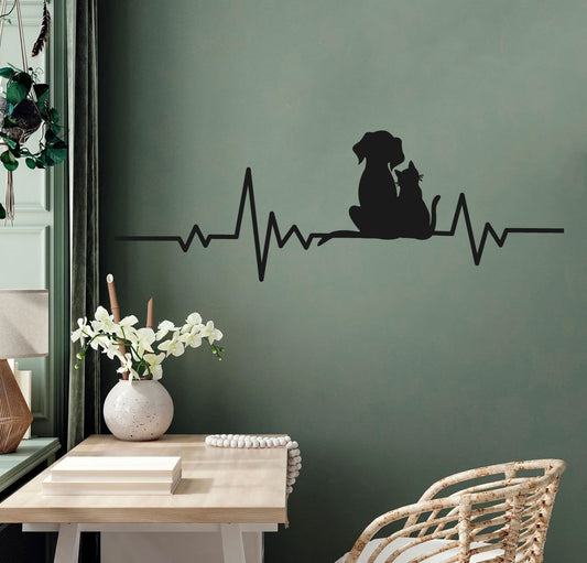 Cat and Dog Silhouette Heartbeat Vinyl Wall Decal