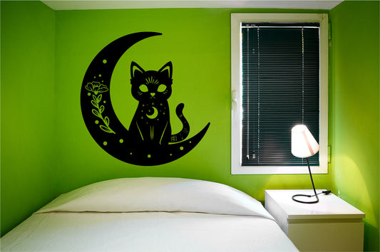 Celestial Cat and Moon Vinyl Wall Decal