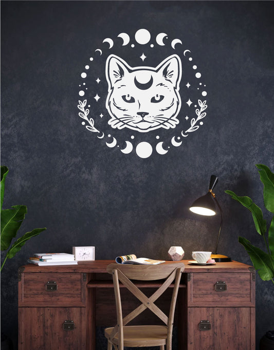 Celestial Cat and Moon Phases Vinyl Wall Decal