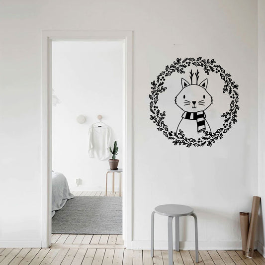 Cat Wreath with Reindeer Antlers Christmas Vinyl Wall Decal