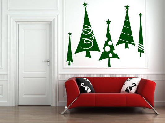 Primitive Christmas Trees Set of 5 Vinyl Wall Decal