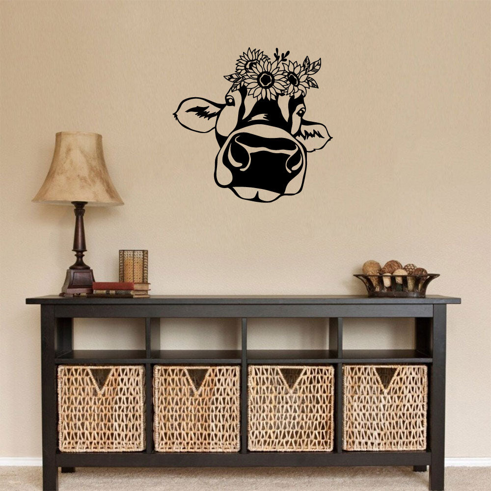 Cow Face and Flowers Vinyl Home Decor Wall Decal 