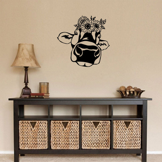 Cow Face and Flowers Vinyl Home Decor Wall Decal 