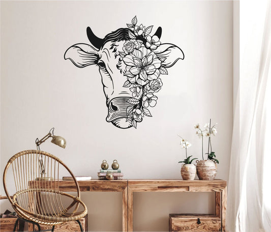 Cow Face and Flowers Vinyl Wall Decal