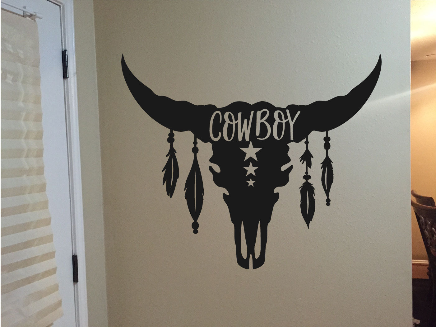 Bull Skull Longhorn Cowboy and Feathers Vinyl Wall Decal