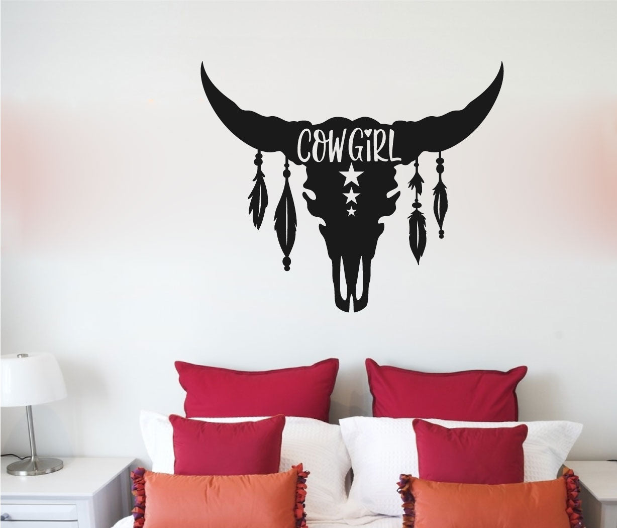 Bull Skull Longhorn Cowgirl and Feathers Vinyl Wall Decal