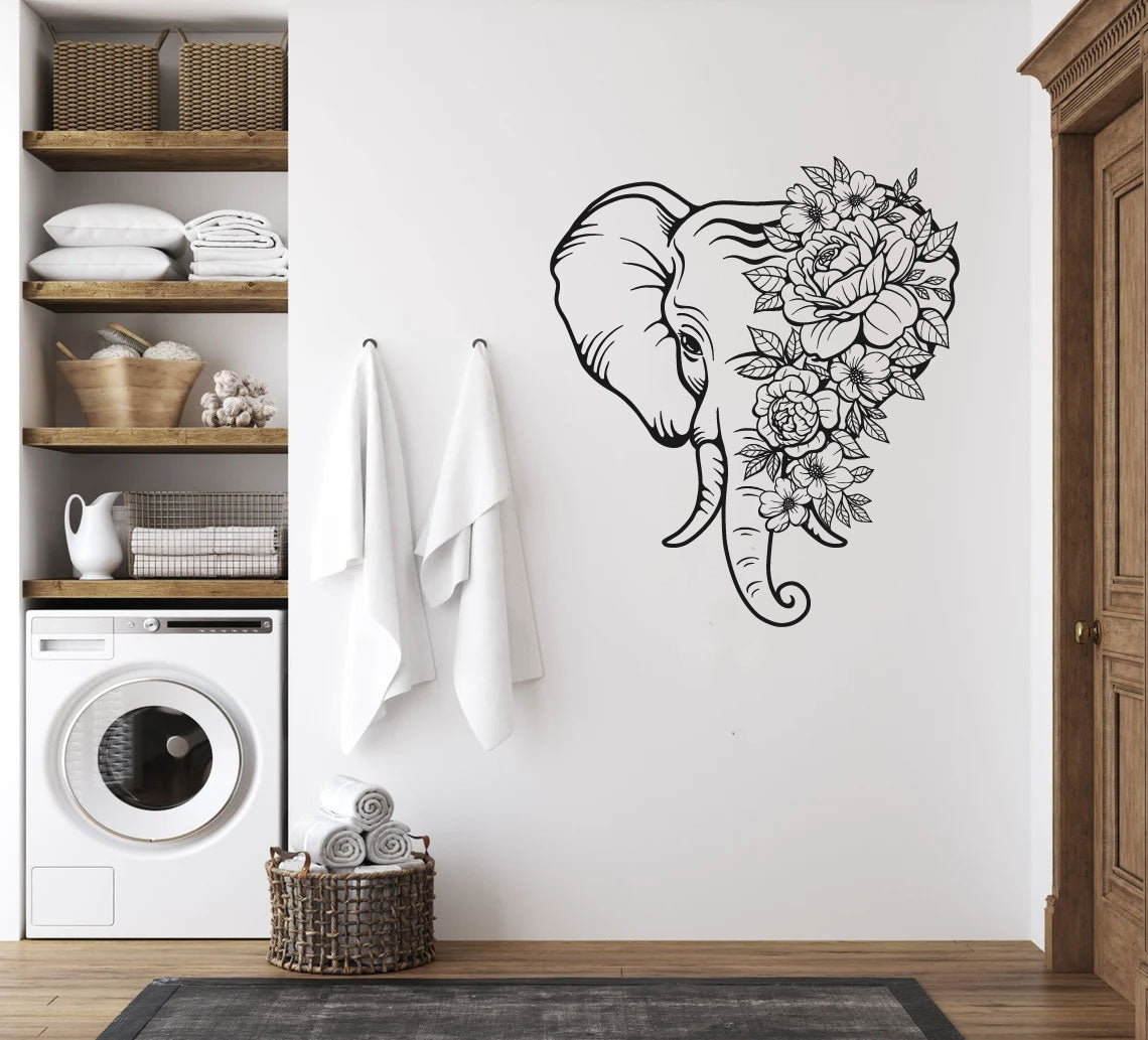 Elephant Head and Flowers Vinyl Wall Decal