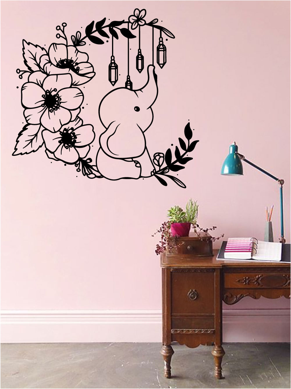 Elephant Baby with Flowers and Crystals Vinyl Wall Decal