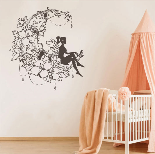 Fairy and Floral Moon Vinyl Wall Decal