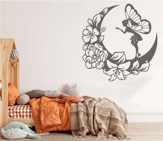 Fairy and Floral Moon Vinyl Wall Decal