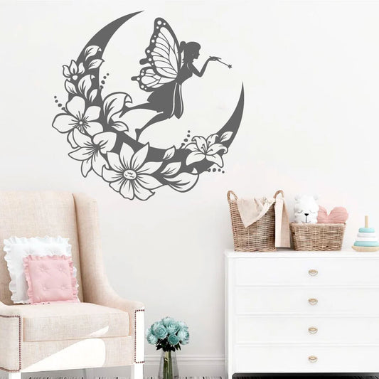 Fairy and Floral Moon Vinyl Wall Decal