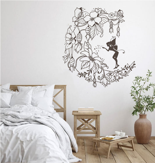 Fairy and Floral Moon Vinyl Wall Decal