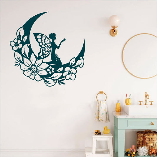 Fairy and Floral Moon Vinyl Wall Decal