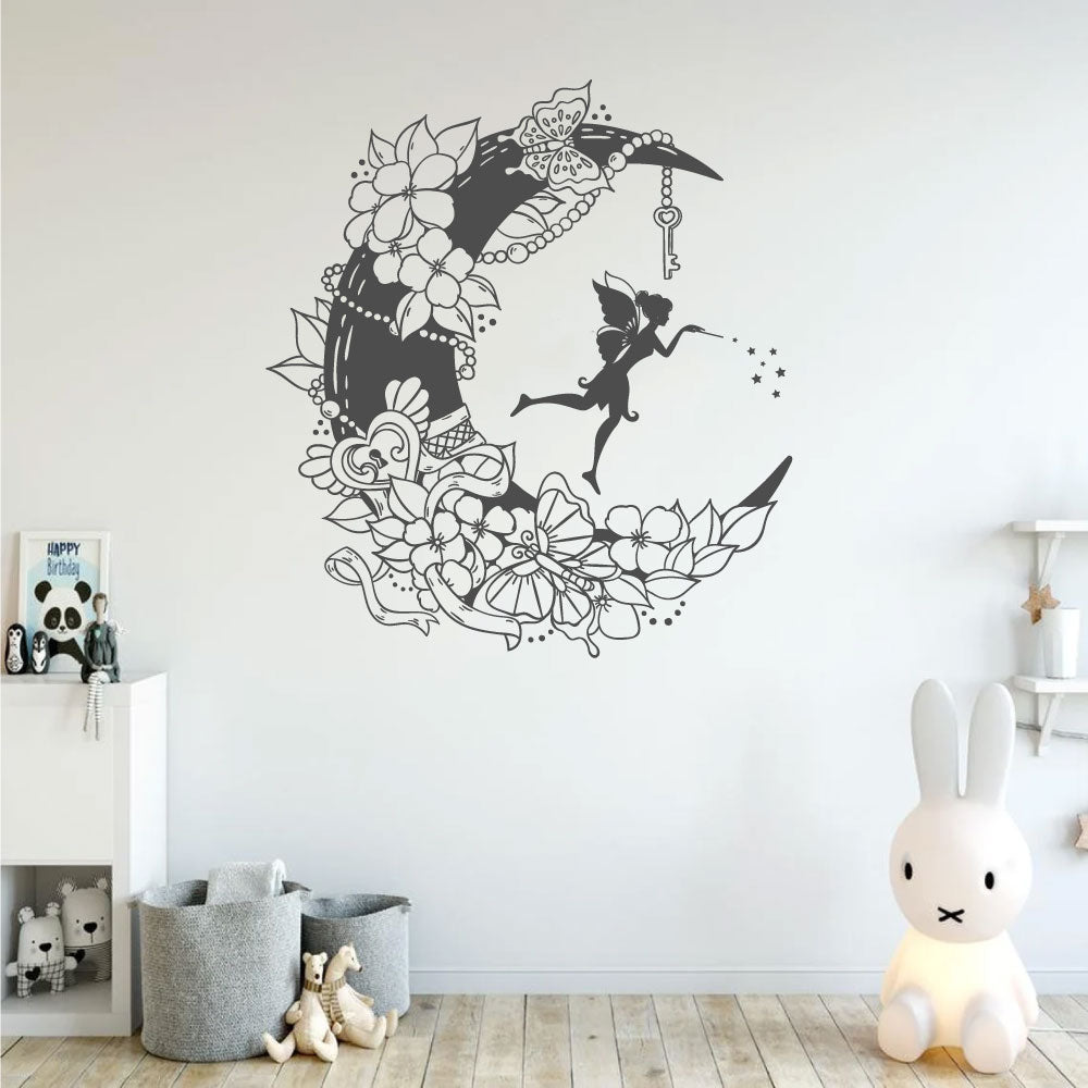 Fairy and Floral Moon Vinyl Wall Decal