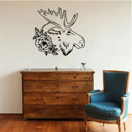 Floral Moose Head Silhouette Vinyl Wall Decal