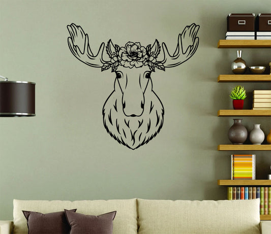 Floral Moose Head Silhouette Vinyl Wall Decal