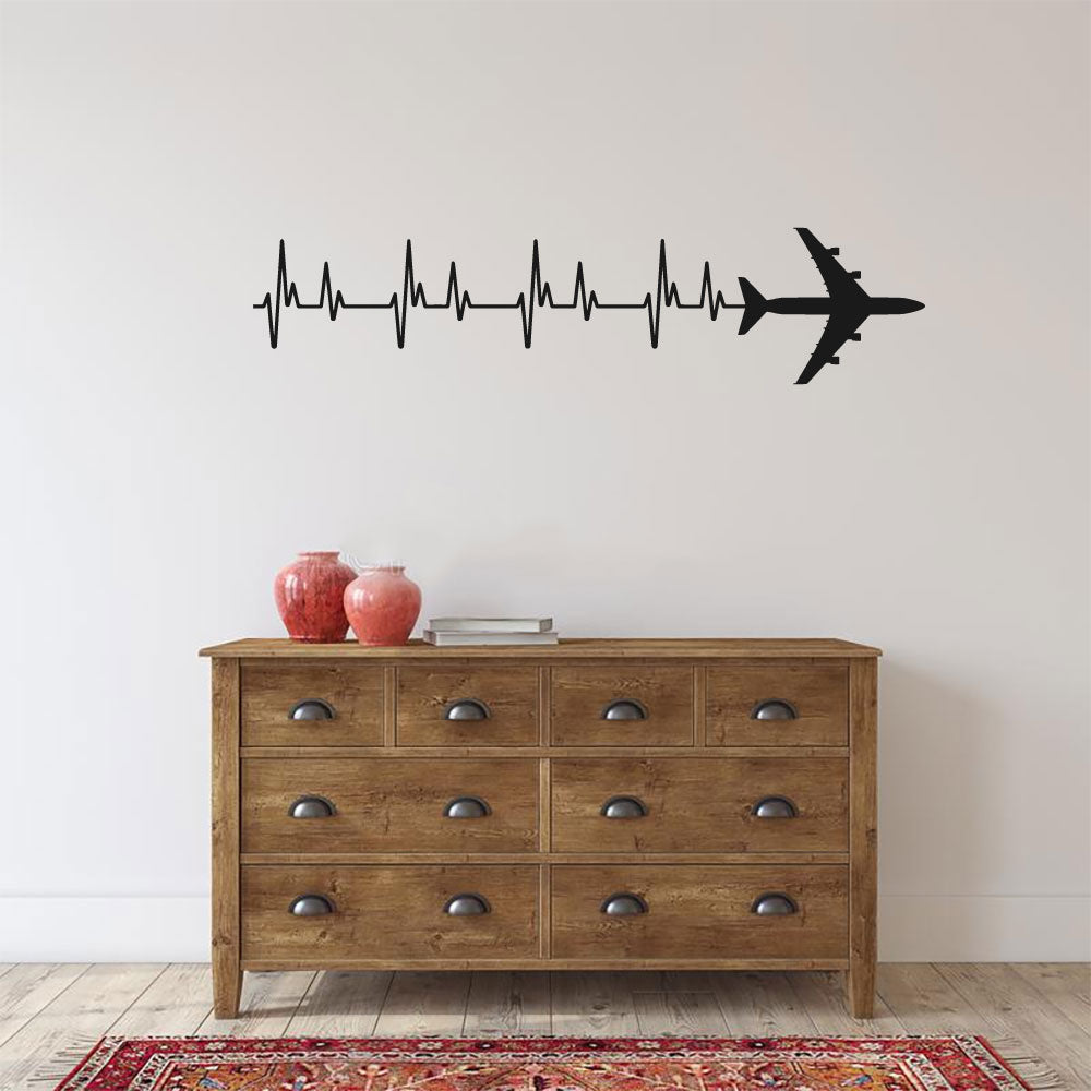 B 747 Airplane Silhouette Heartbeat Vinyl Home Decor Wall Decal 