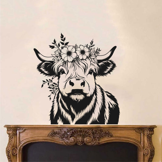 Highland Cow and Flowers Vinyl Wall Decal