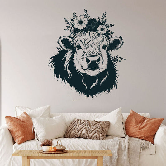 Highland Cow and Flowers Vinyl Wall Decal