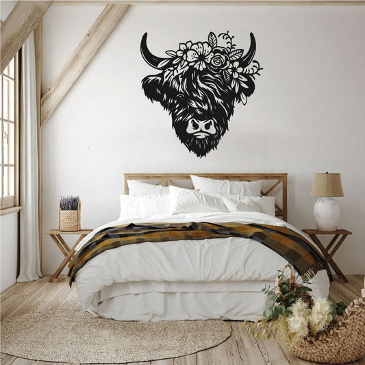 Highland Cow and Flowers Vinyl Wall Decal