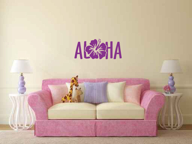 Aloha with Hawaiian Hibiscus Flower Vinyl Home Decor Wall Decal Words 