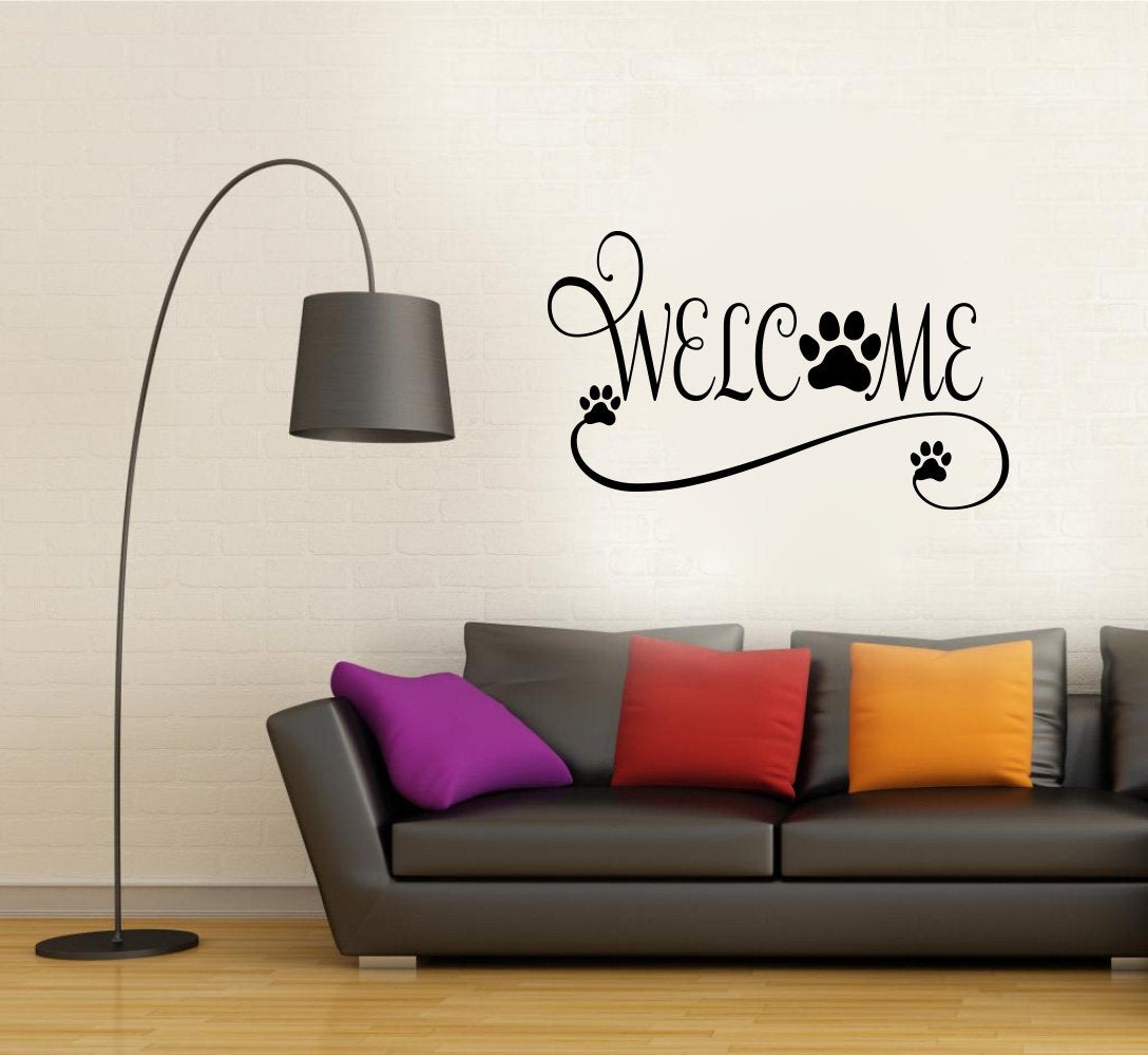 Welcome Paw Prints Dog Vinyl Home Decor Wall Decal Words 