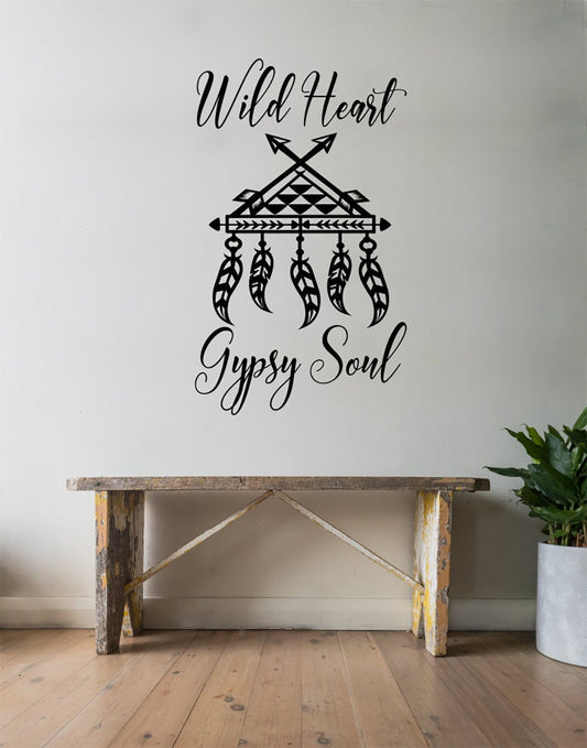 Wild Heart Gypsy Soul Boho Bohemian Arrow and Feather Vinyl Home Decor Wall Decal Words 