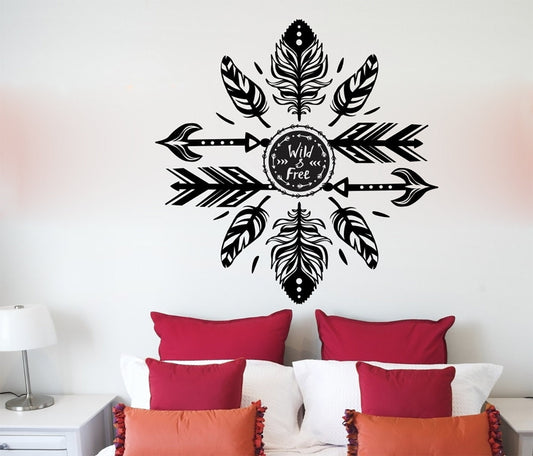 Wild and Free Boho Bohemian Feathers and Arrows Vinyl Home Decor Wall Decal Words 