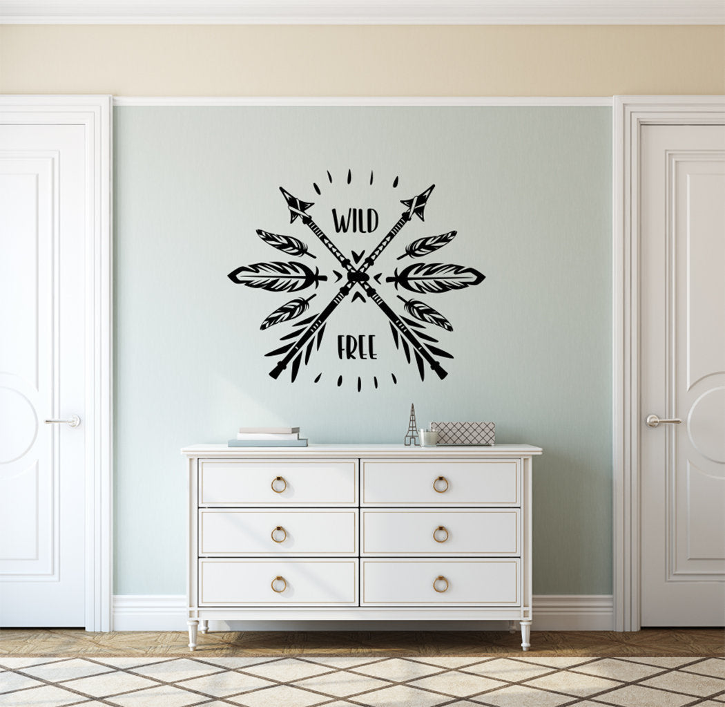 Wild and Free Boho Bohemian Feathers and Arrows Vinyl Home Decor Wall Decal Words 