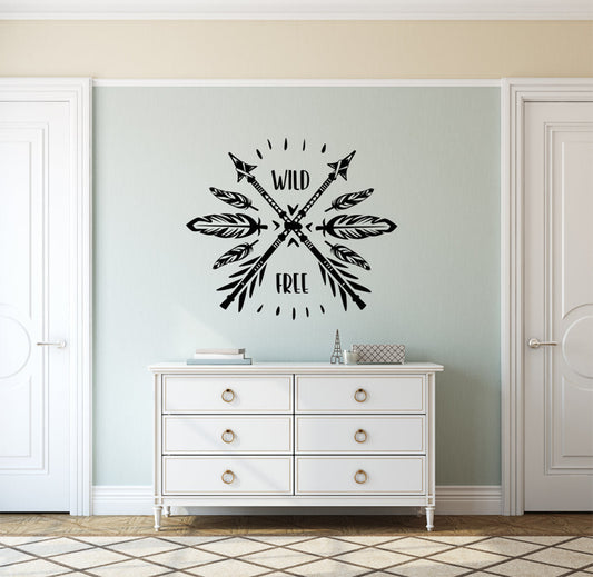 Wild and Free Boho Bohemian Feathers and Arrows Vinyl Home Decor Wall Decal Words 