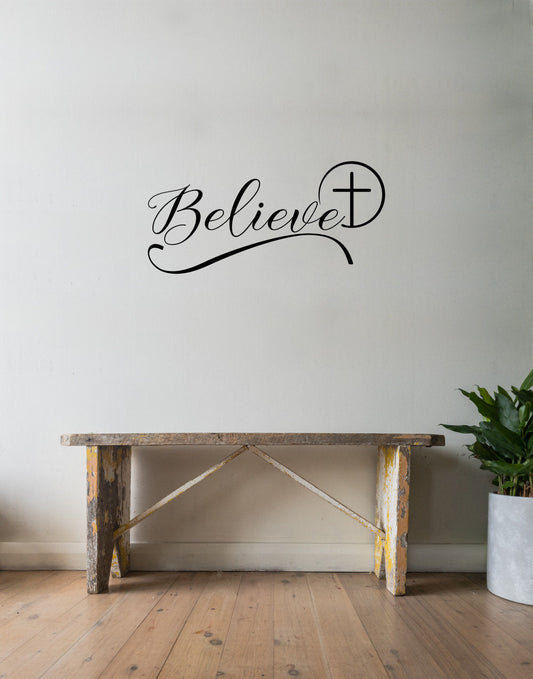 Believe with Cross Vinyl Home Decor Wall Decal 