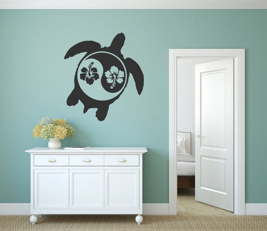 Ocean Sea Turtle Yin Yang Tropical Hibiscus Flowers Vinyl Home decor Wall Decal