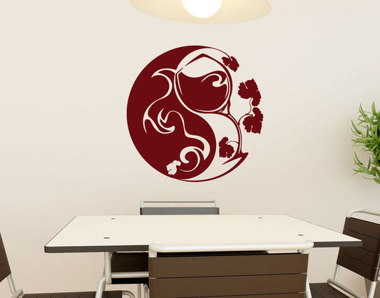 Yin Yang Wine Glass and Grape Leafs Vinyl Home Decor Wall Decal Words 