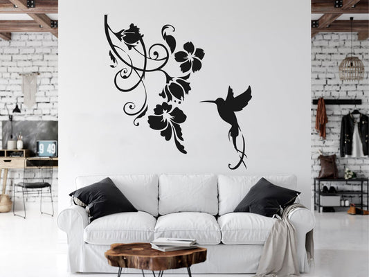 Hummingbird and Flowers Vinyl Home Decor Wall Decal 