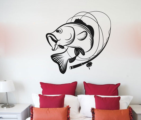 Bass Fish and Fishing Pole Silhouette Vinyl Home Decor Wall Decal 