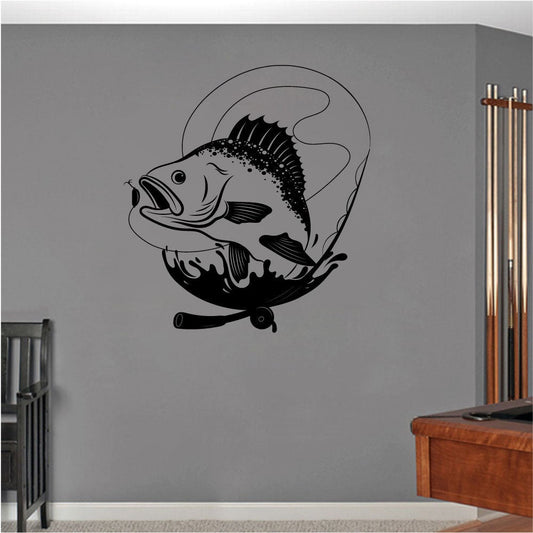 Bass Fish and Fishing Pole Silhouette Vinyl Home Decor Wall Decal 