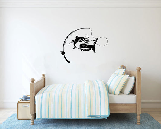 Catfish and Fishing Pole Vinyl Home Decor Wall Decal 