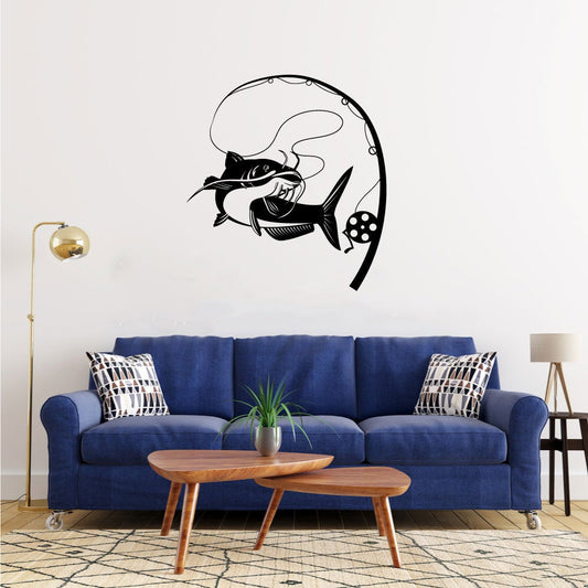 Catfish and Fishing Pole Silhouette Vinyl Home Decor Wall Decal 