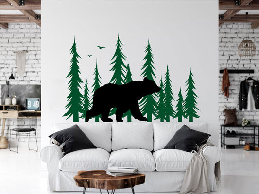 Bear and Fir Pine Trees Silhouette Spruce Vinyl Home Decor Wall Decal 