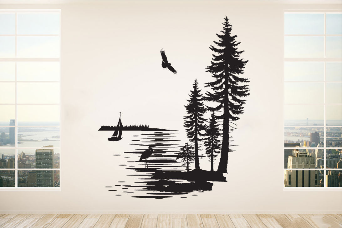 Pine Evergreen Tree Forest and Lake Vinyl Home Decor Wall Decal