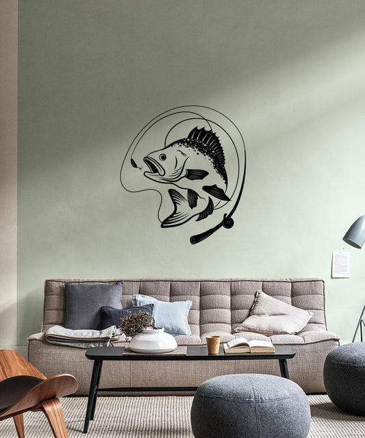 Bass Fish and Fishing Pole Silhouette Vinyl Home Decor Wall Decal 