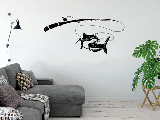 Catfish and Fishing Pole Vinyl Home Decor Wall Decal 